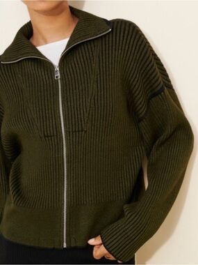 Varley Carmen Rib Knit Zip-Up Sweater Cardigan Dark Olive